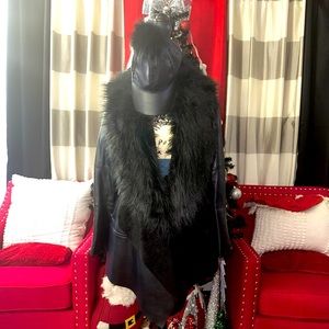 Faux leather coat, with removable faux fur collar, and matching leather hat